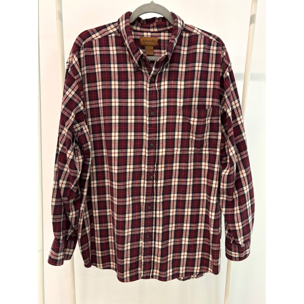 St Johns Bay Mens XXL Flannel Shirt Red Plaid Long Sleeve Button Down Cotton